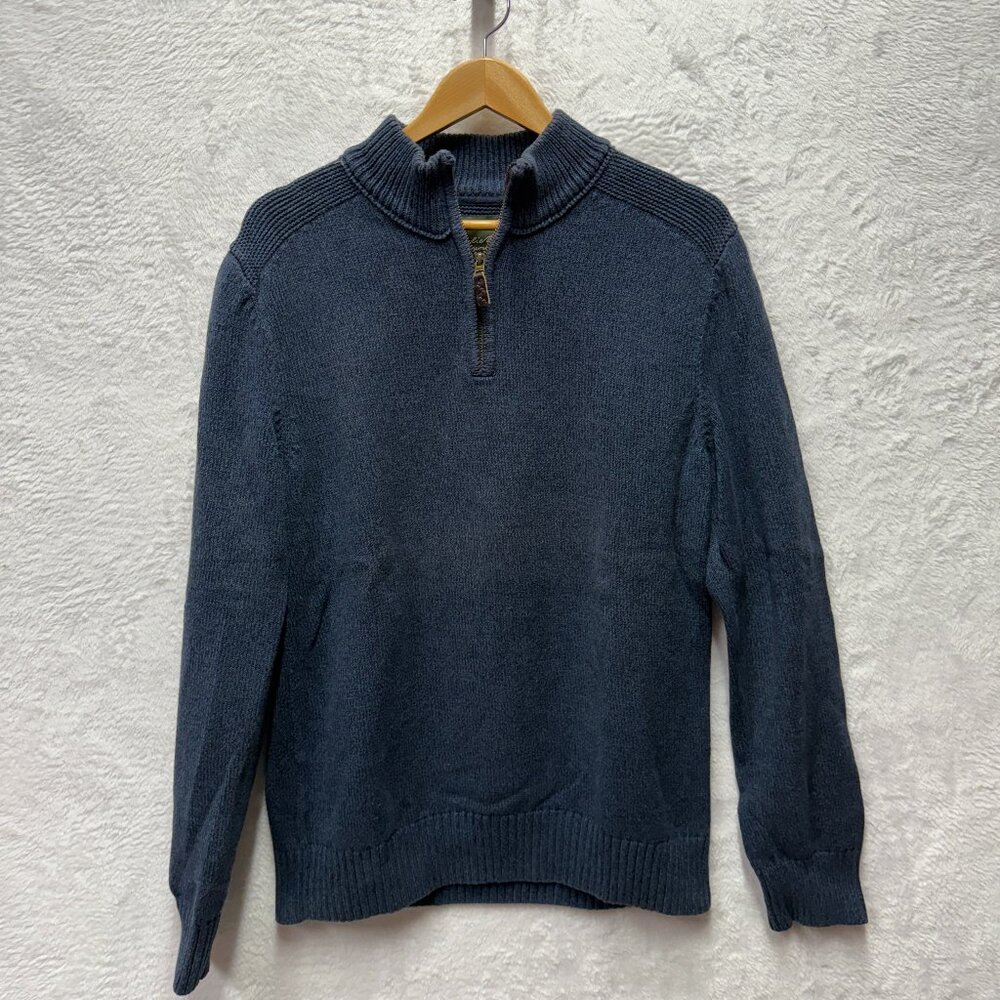 Eddie Bauer Seattle Sweater Mens TL Navy Blue Knit Cotton Mock Neck Quarter-Zip